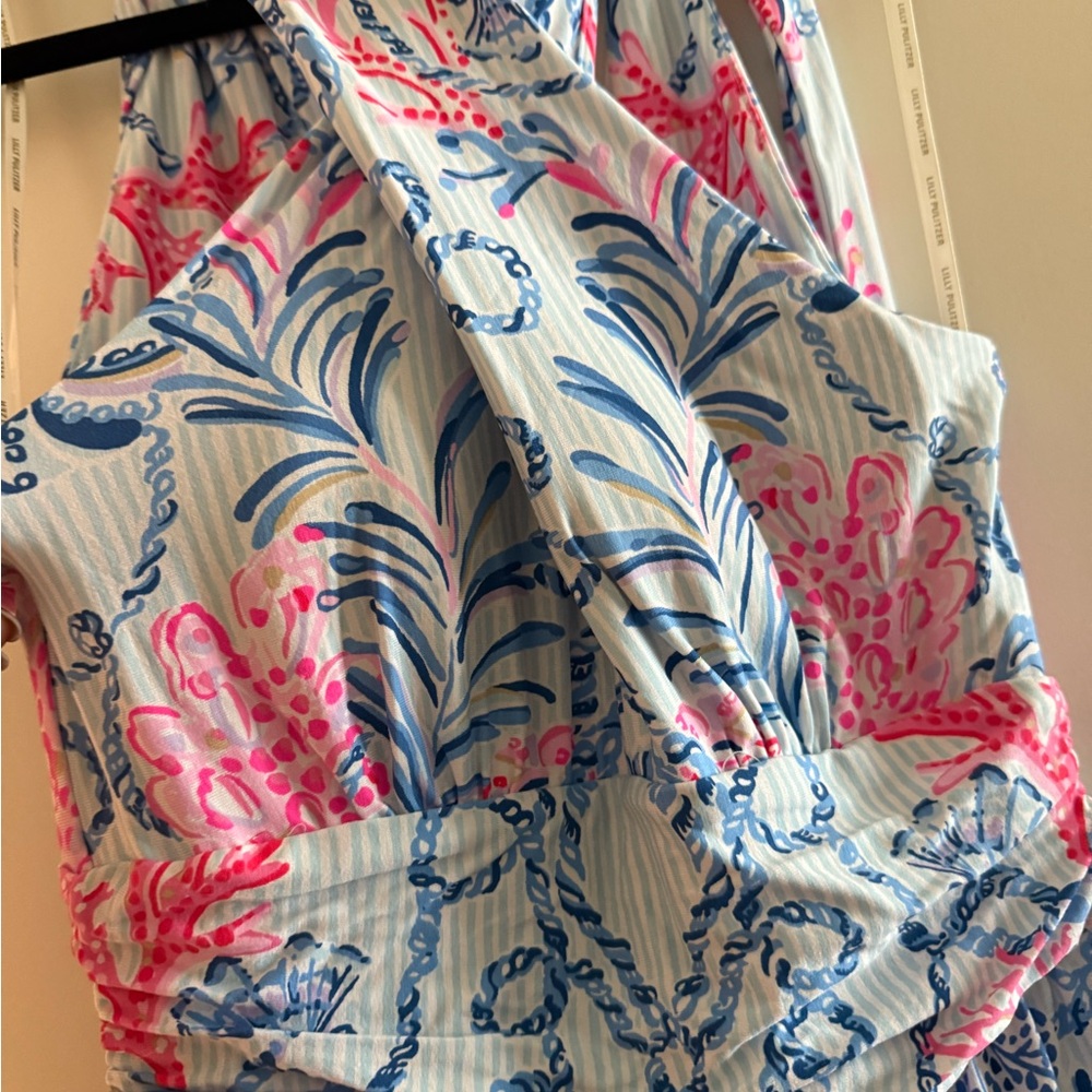 Lilly Pulitzer High Neck Criss Cross Blue and Pink Floral Maxi Dress